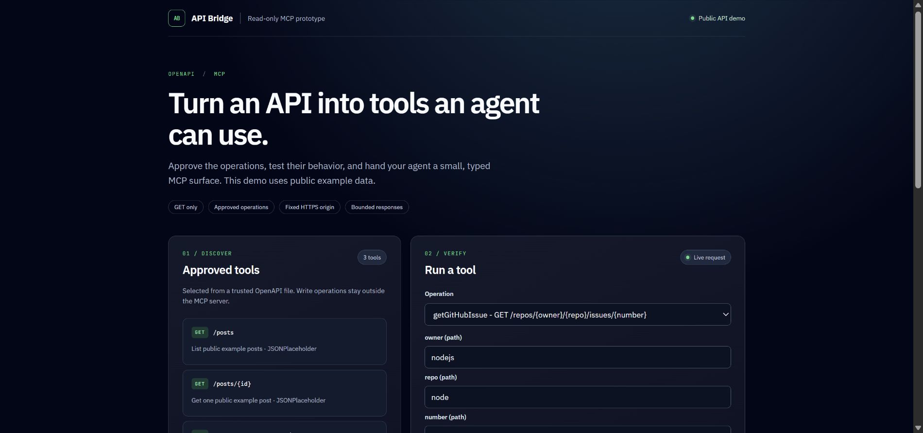 API Bridge live preview (AI-created portfolio sample)